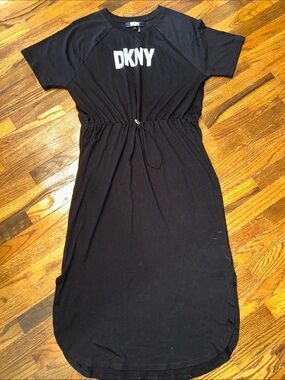 DKNY Black Logo Midi Drawstring Dress SZ Medium M, fabric 60% cotton,40% modal